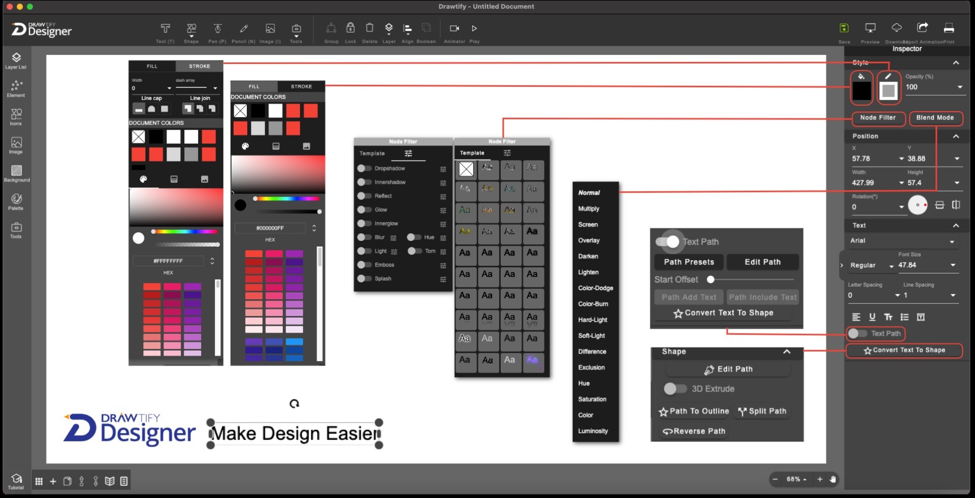 Drawtify Designer's Text inspector